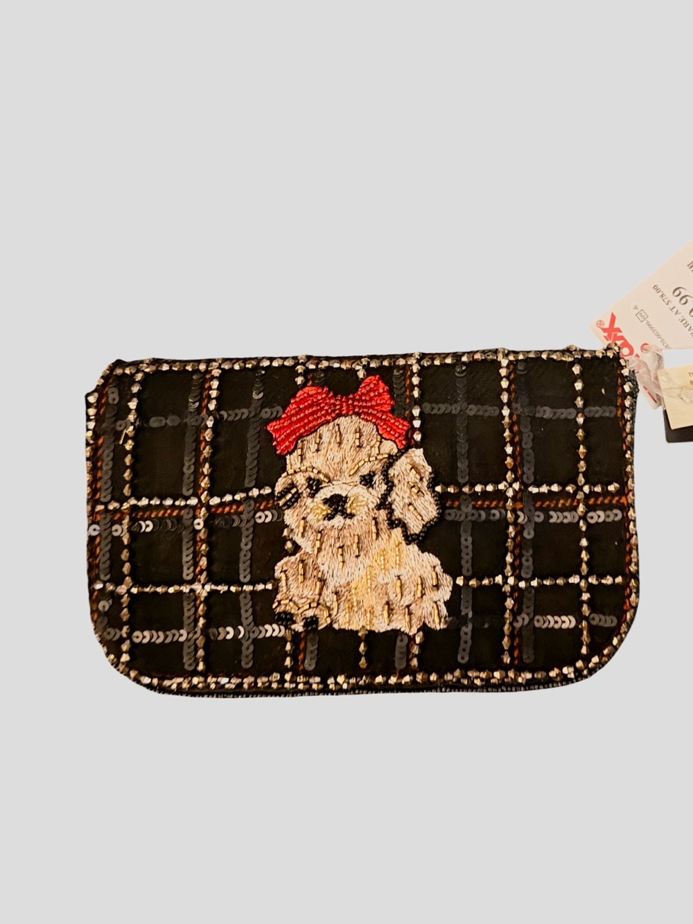 Kids Black Sequin Pouch with Dog Embroidery